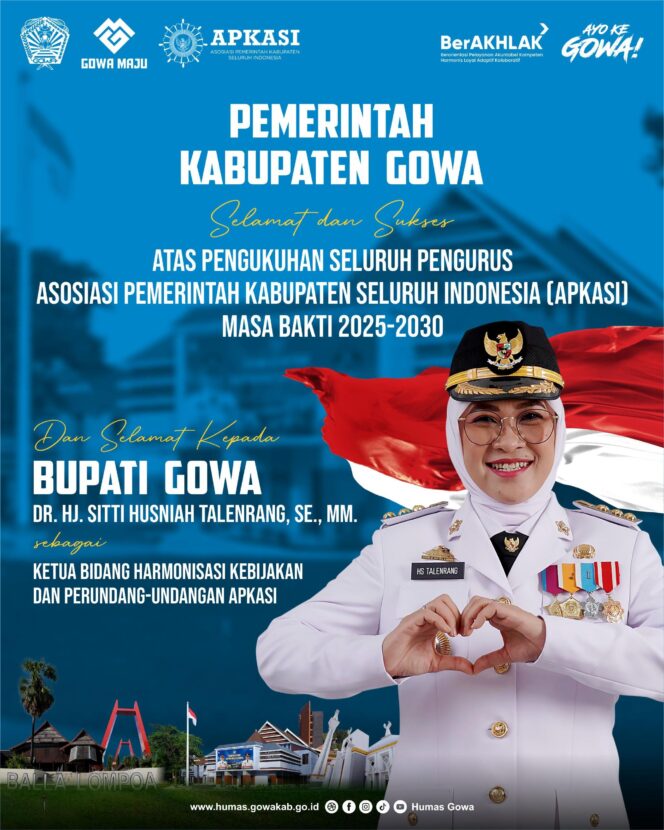 
					Bupati Gowa Dikukuhkan Dewan Pengurus APKASI, Pimpin Bidang Harmonisasi Kebijakan dan Perundang-undangan